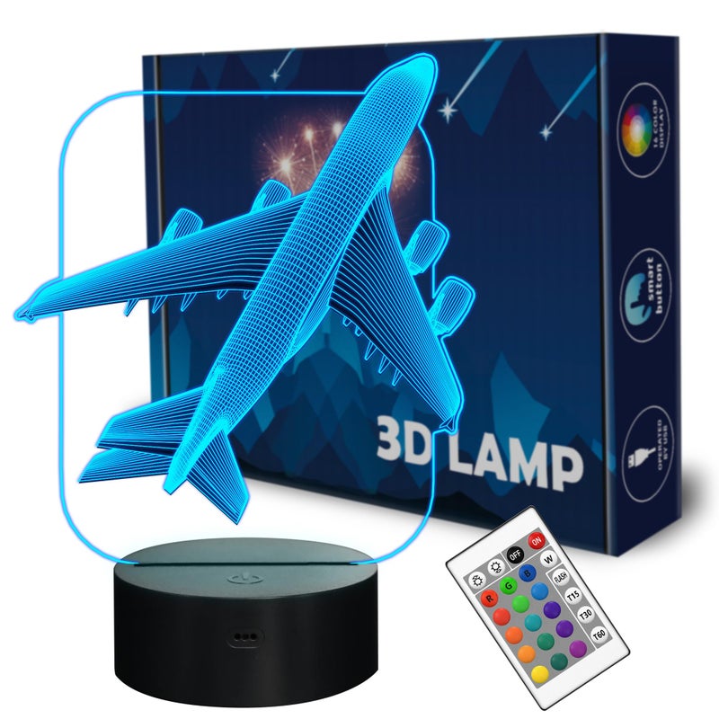 FULLOSUN Aircraft Airplane 3D Night Light Kids Bedside Lamp 16 Colors Changing with Remote Control Xmas Halloween Birthday Gift for Child Baby Boy - Image 1